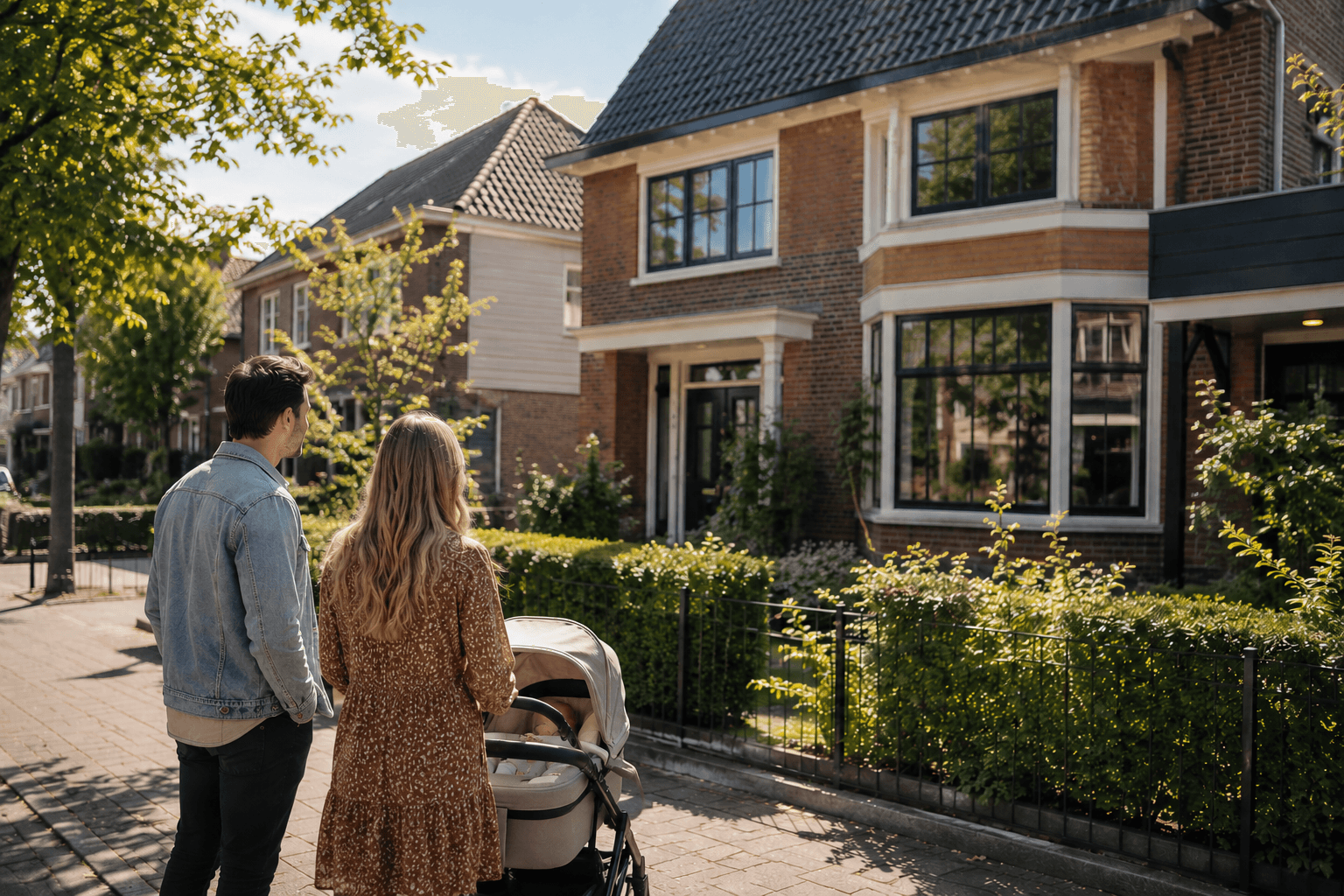 Jorik Otten, Makelaar van Ditters Amersfoort loopt naar de voordeur van de Ditters locatie in Amersfoort voor een bezichtiging, met aktetas en rode fiets bij de gevel.