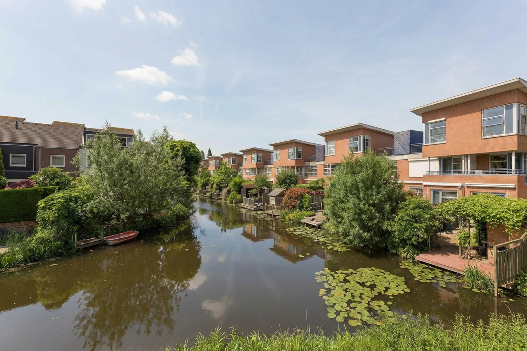 Moderne woningen aan het water in de Amersfoortse wijk Nieuwland, met groene tuinen, vlonderterrassen en een rustige, waterrijke woonomgeving.