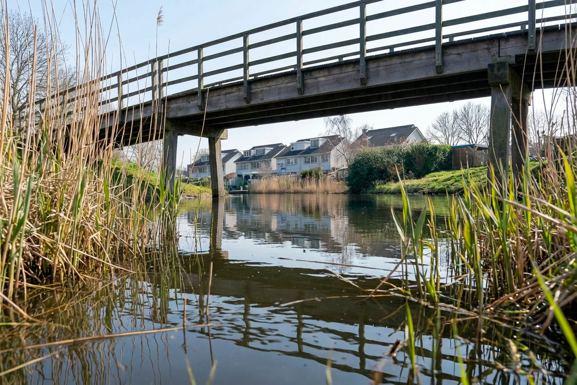 Waterrijke woonomgeving in de Arnhemse wijk De Laar-Oost met een brug, groen oevers en eengezinswoningen in een rustige, ruim opgezette buurt.